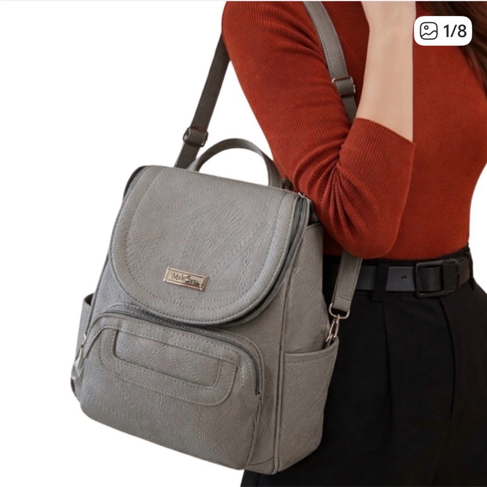 MULTISAC Gray Faux Leather Backpack NWOT